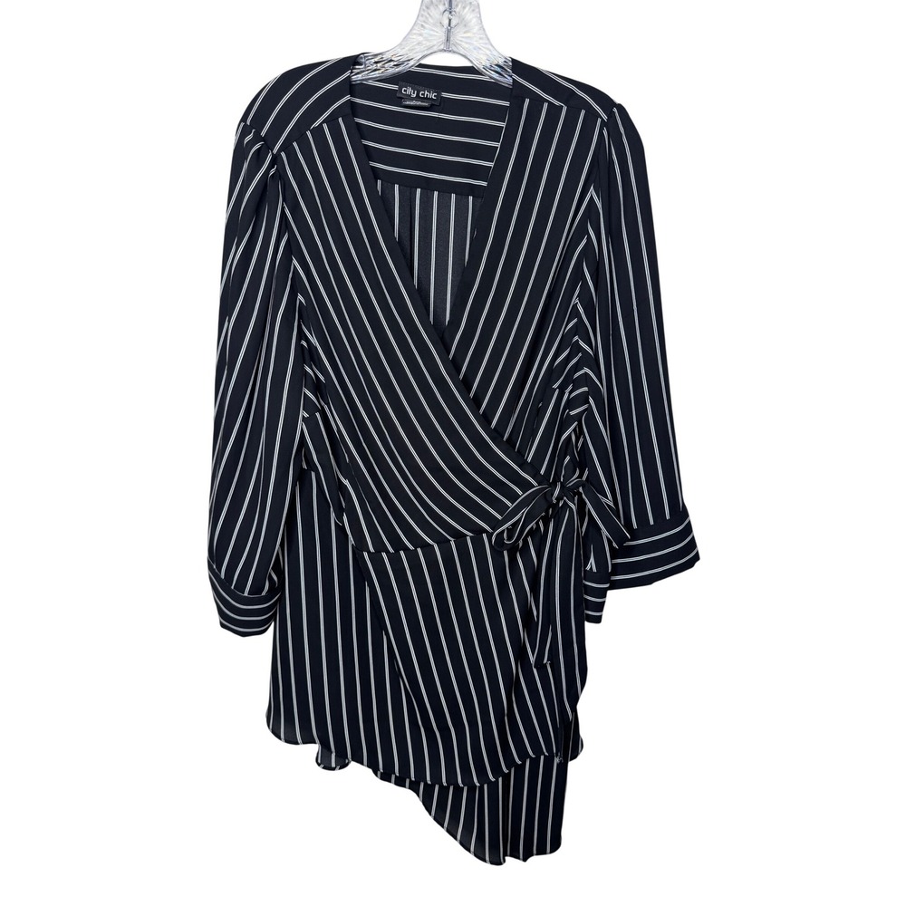 City Chic Womens Striped Wrap‎ Tunic Top Black White V-Neck Size S 16 3/4 Sleeve